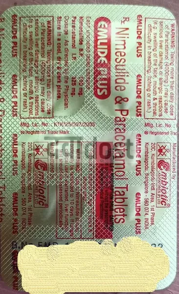 Emlide Plus 100mg/325mg Tablet 10s