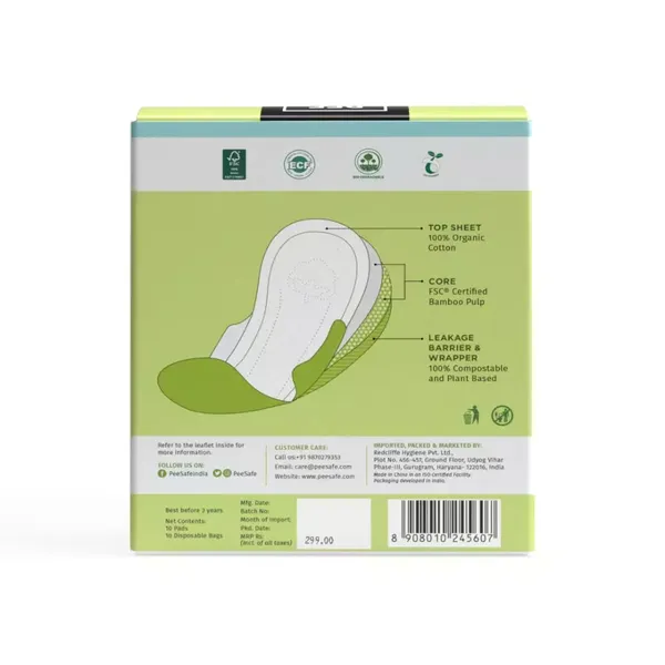 PEESAFE SA/PADS ORGANIC OVERNIGHT 10PC