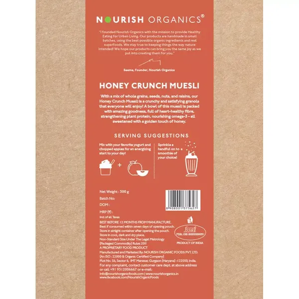 NOURISH ORGANIC MUESLI HONEY CRUN 300GM