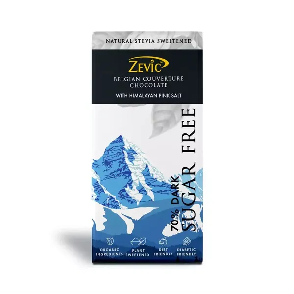 ZEVIC CHOC BELGIAN PINKSALT/STEVIA 70% DARK 90GM