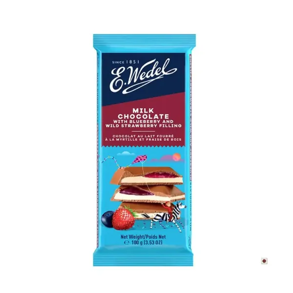 E.WEDEL MILK CHOCOLATE WITH BLUEBERRY & WILD STRAWBERRY FILLING BAR 100GM