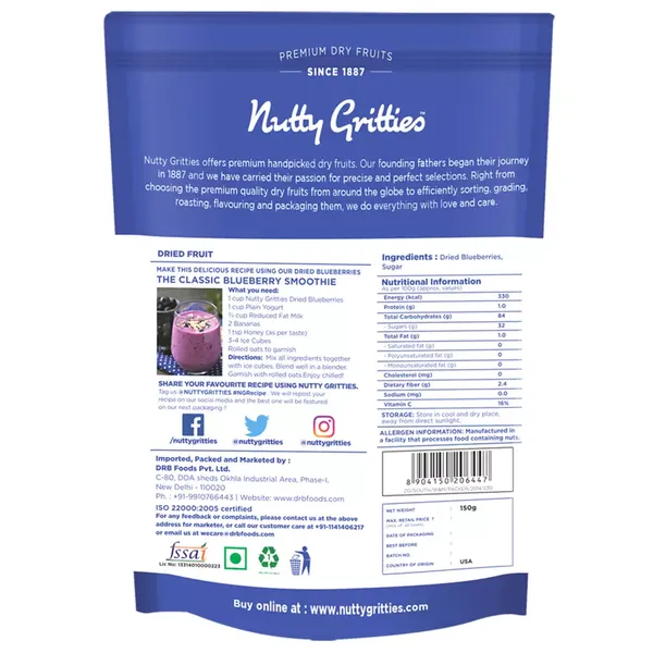 NUTTY GRITTIES DRIED BLUEBERRIES 200GM