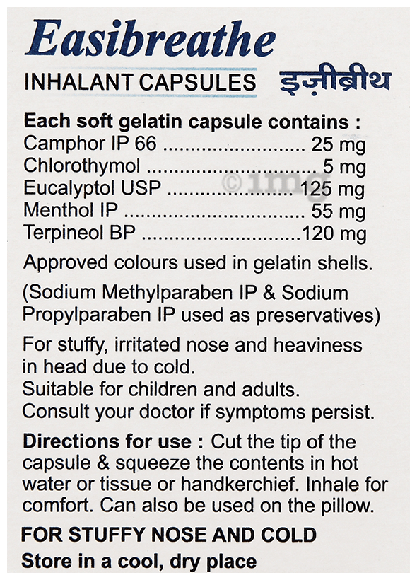 Easi Breathe Inhalant Capsules for Stuffy Nose & Cold Relief