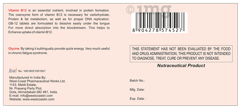 GB-12 Tablet for Vitamin B12 Deficiency, Antioxidant, production of DNA and RNA, Healthy Nerve Cells & Fatigu Tablet