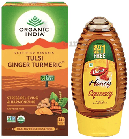 Anti-oxidants Combo of Organic India Tulsi Ginger Turmeric 25 Tea Bag and Dabur Honey Squeezy 225gm (Buy 1 Get 1 Free)