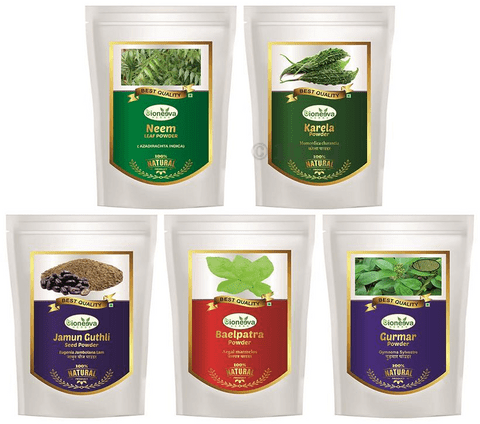 Bioneeva Herbs Combo Pack of Neem Leaf, Karela, Gurmar, Baelpatra & Jamun Guthli Seed Powder (100gm Each)