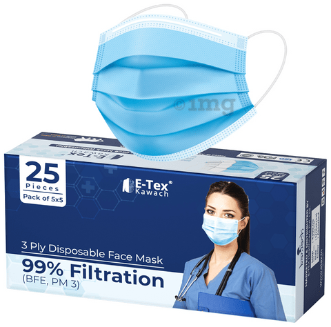 E-Tex Kawach 99% Filtration 3 Ply Disposable Face Mask Free Size Blue