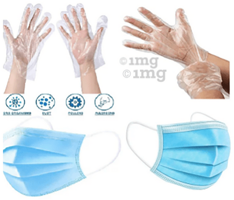 Fine Morning Pharma Combo Pack of Disposable 3 Ply Surgical Face Mask with Nosepin and Transparent Disposable Plastic Hand Gloves (100 Each)