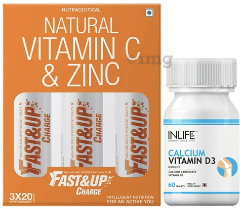 Immunity Care Combo of Fast&Up Charge Natural Vitamin C & Zinc 60 Effervescent Tablet and Inlife Calcium Vitamin D3 60 Tablet