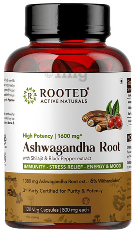 Rooted Active Naturals High Potency Ashwagandha Root with Shilajit & Black Pepper Extract 1600mg Veg Capsule