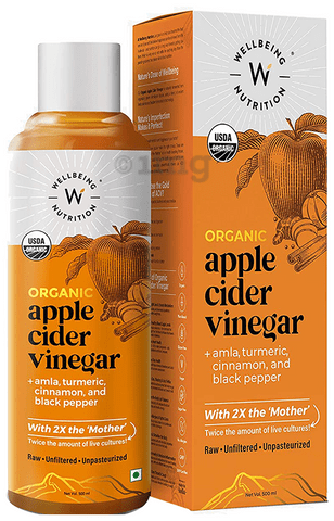 Wellbeing Nutrition Apple Cider Vinegar with Mother, USDA Organic, 2X Strands of Probiotic & Enzymes (500ml Each) +Amla, Turmeric, Cinnamon and Black Pepper